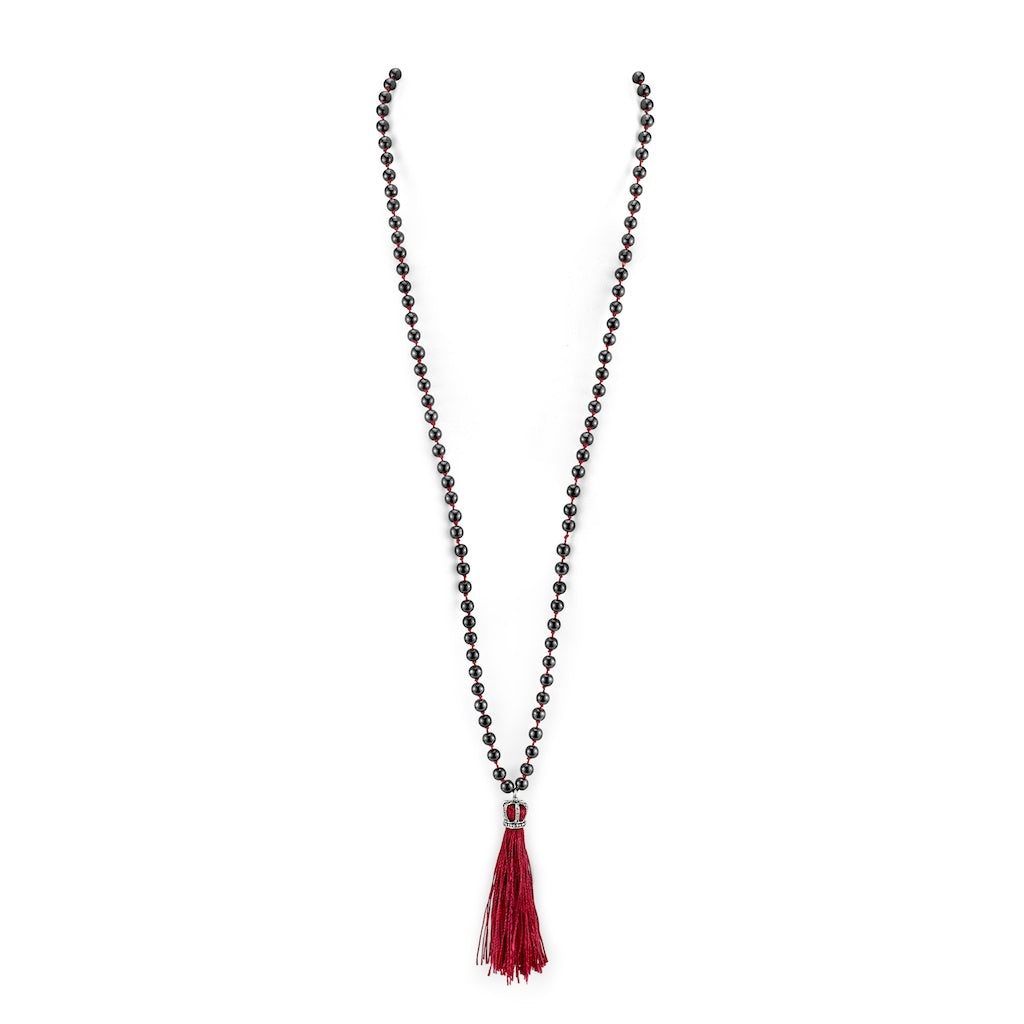 womens-jewelry-knotted-necklace-hematite-red-silver-tassel