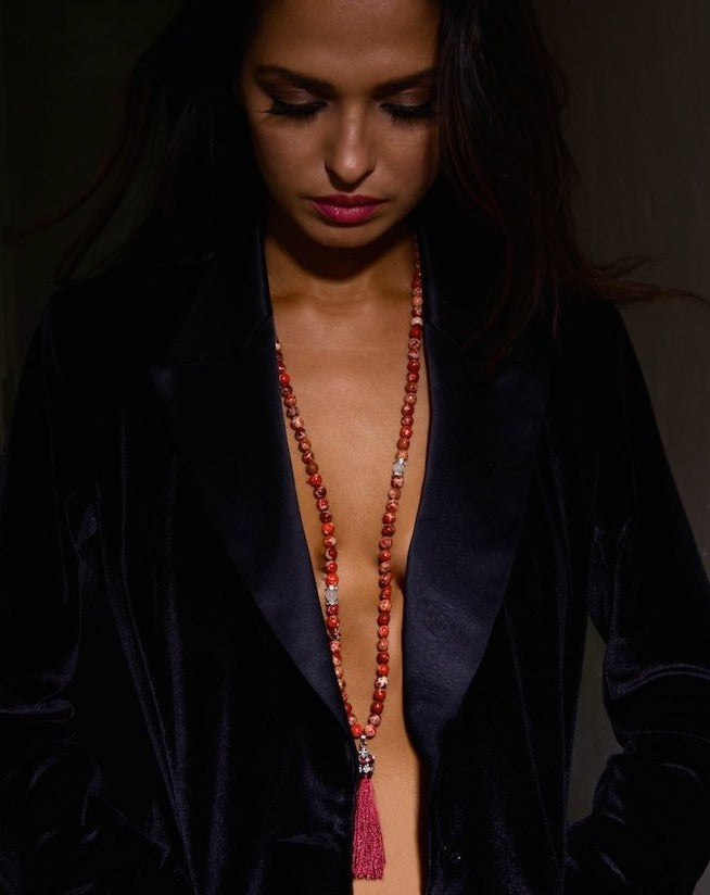 womens-designer-stone-necklace-mala-tassel-red-silver